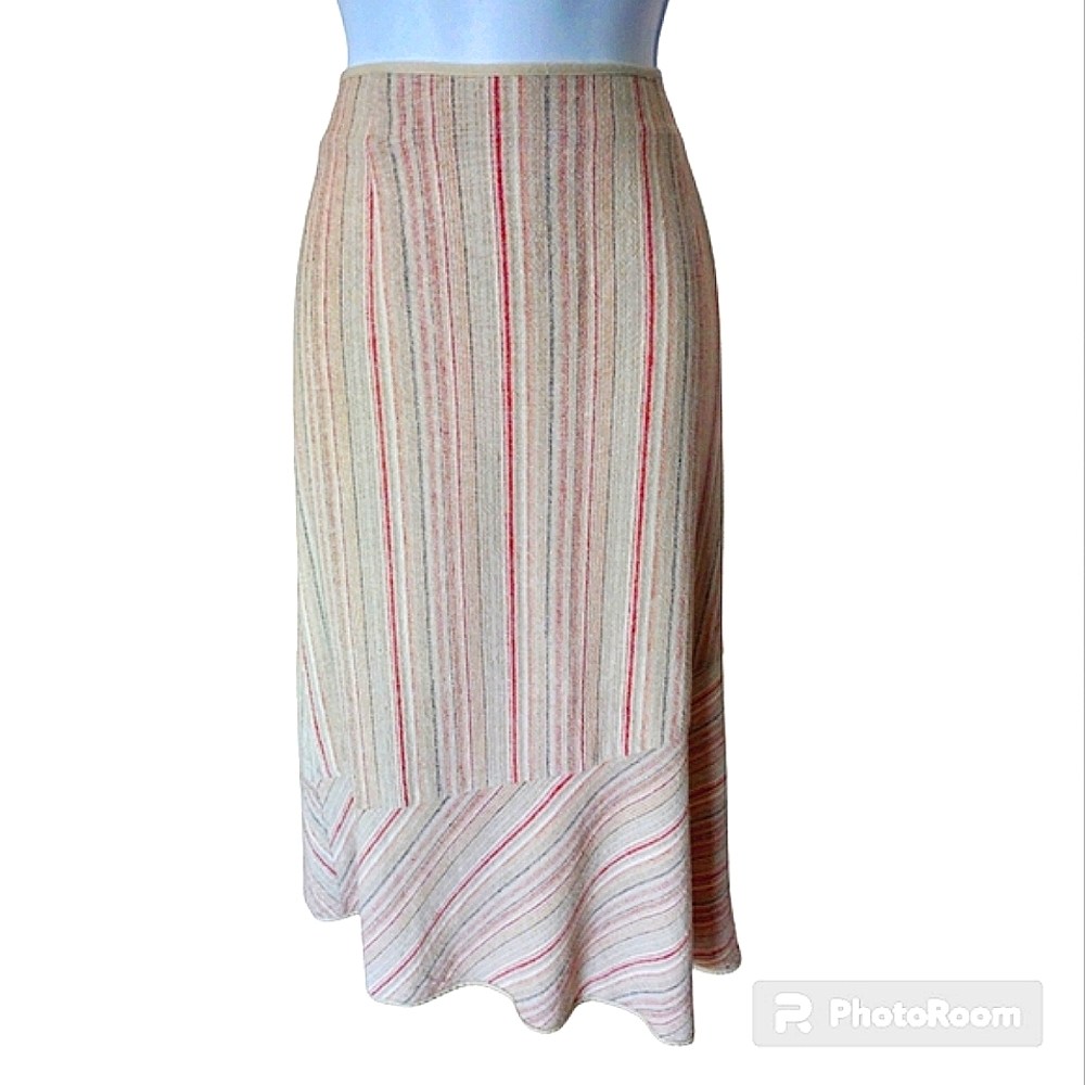 Orvis Linen Blend Striped Long Flutter Skirt Red Tan Gray Size 12